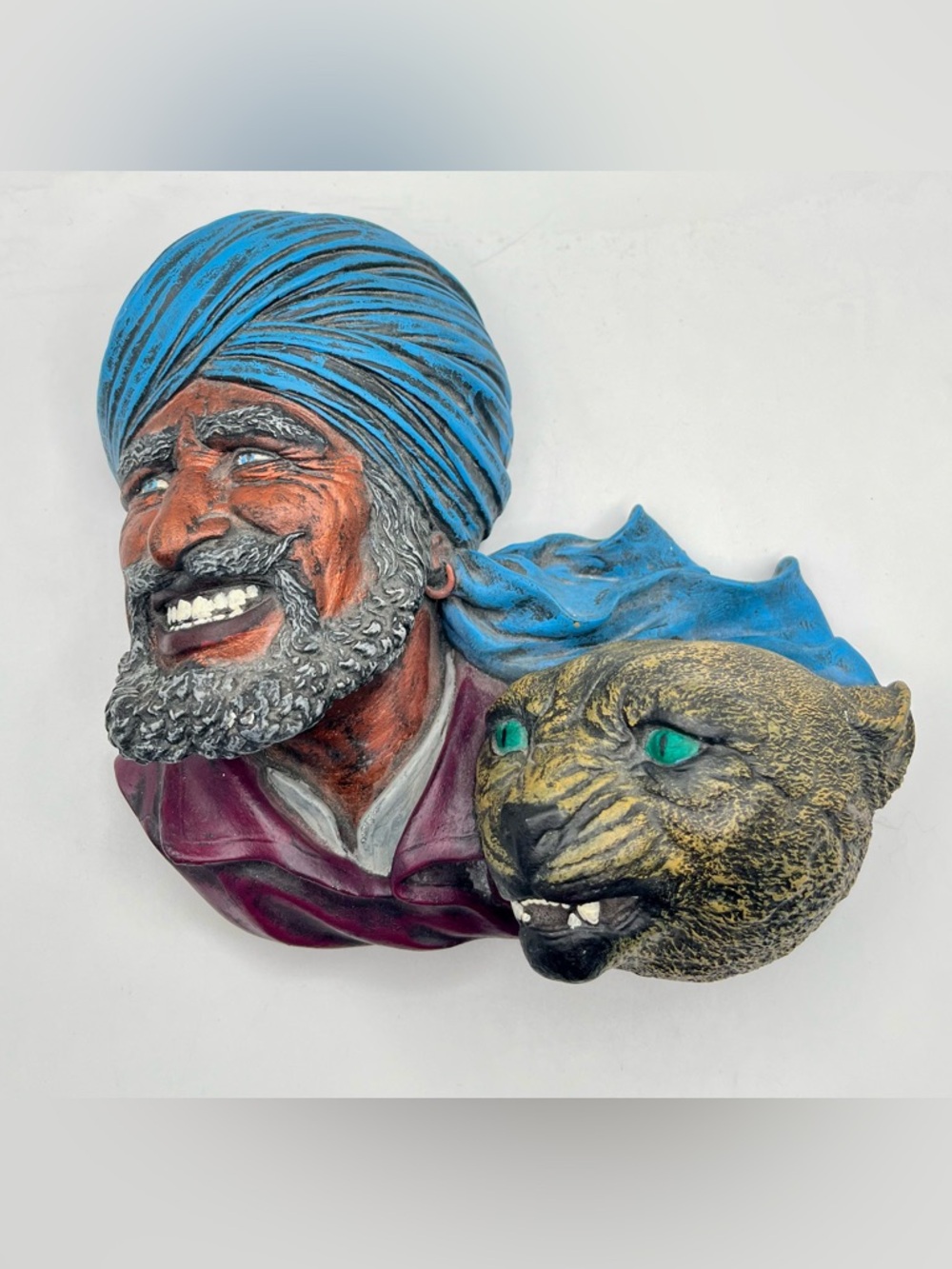 Vtg Chalkware Middle Eastern Arab Man Panther Bossons Style Wall Decor Kitsch